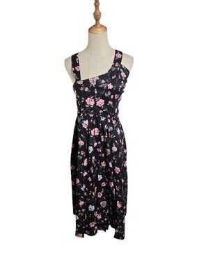 Lanz Originals Vintage Floral One-Shoulder Midi Dress in Black and Pink